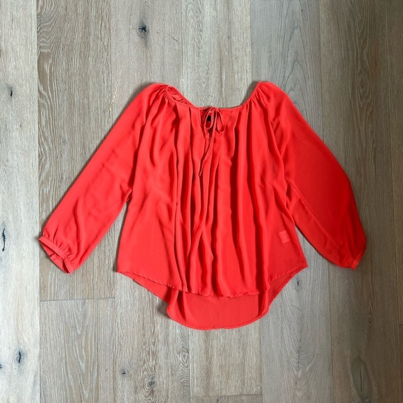 OVI Women’s Flowy Orange Blouse with Sleeves and Tie Neck - Size Medium - Picture 9 of 14